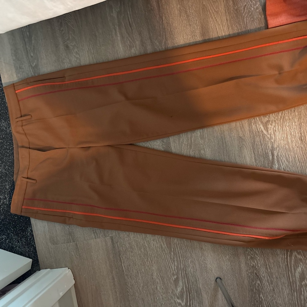Women’s Brown Trousers with Red Stripe Accents